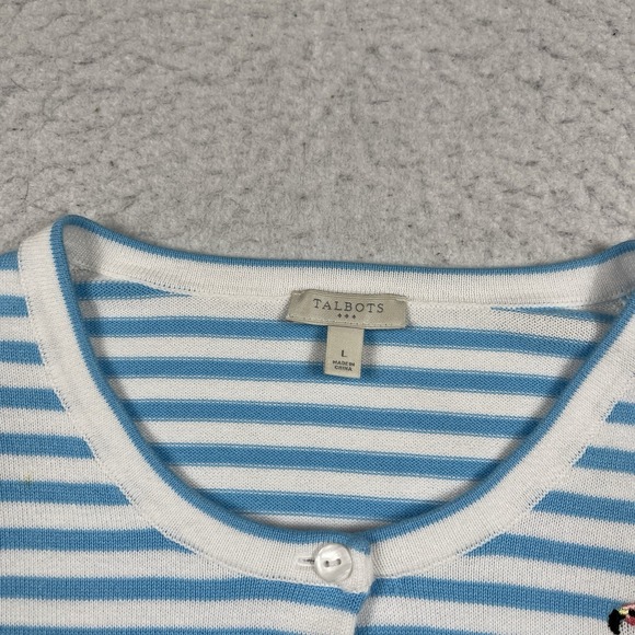 Talbots Sweater Womens Large White Blue Stripes 3/4 Sleeve Cardigan Flamingo - Picture 6 of 11
